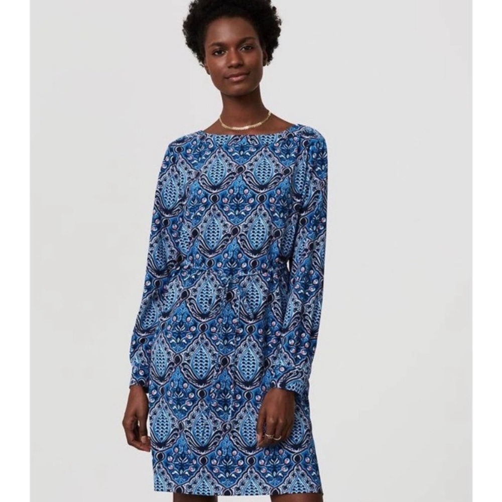 LOFT Blue Baroque Electric Sapphire Printed Tie-Waist Shift Dress | Small